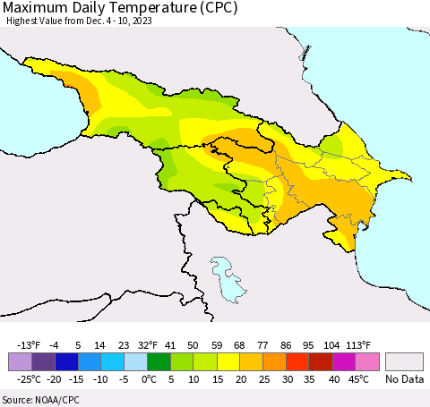 Azerbaijan, Armenia and Georgia Maximum Daily Temperature (CPC) Thematic Map For 12/4/2023 - 12/10/2023