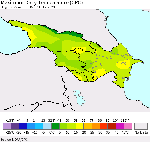 Azerbaijan, Armenia and Georgia Maximum Daily Temperature (CPC) Thematic Map For 12/11/2023 - 12/17/2023