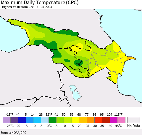 Azerbaijan, Armenia and Georgia Maximum Daily Temperature (CPC) Thematic Map For 12/18/2023 - 12/24/2023