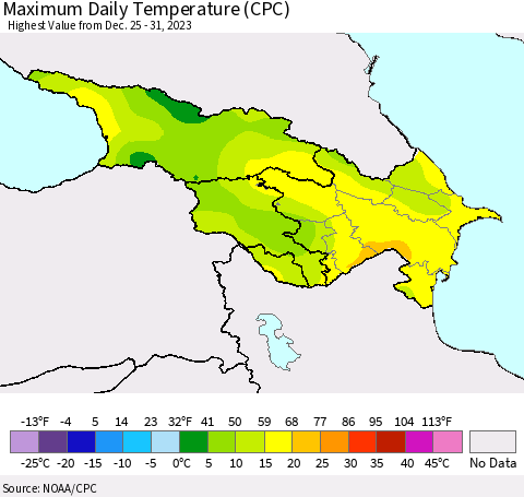 Azerbaijan, Armenia and Georgia Maximum Daily Temperature (CPC) Thematic Map For 12/25/2023 - 12/31/2023