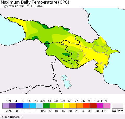 Azerbaijan, Armenia and Georgia Maximum Daily Temperature (CPC) Thematic Map For 1/1/2024 - 1/7/2024