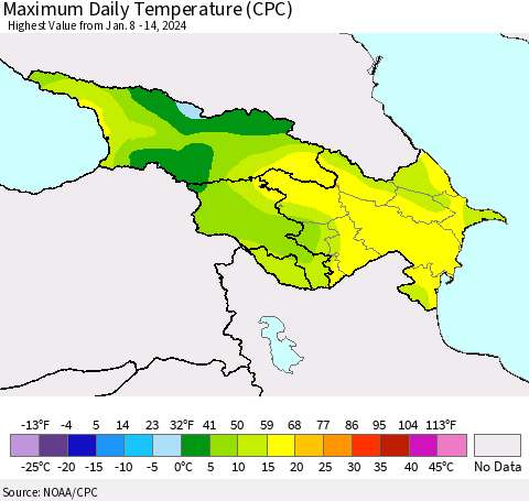 Azerbaijan, Armenia and Georgia Maximum Daily Temperature (CPC) Thematic Map For 1/8/2024 - 1/14/2024