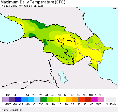 Azerbaijan, Armenia and Georgia Maximum Daily Temperature (CPC) Thematic Map For 1/15/2024 - 1/21/2024