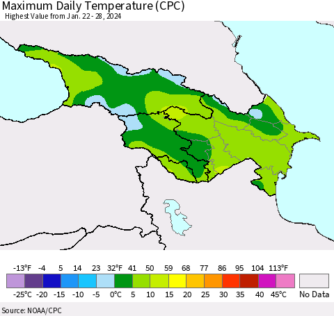 Azerbaijan, Armenia and Georgia Maximum Daily Temperature (CPC) Thematic Map For 1/22/2024 - 1/28/2024