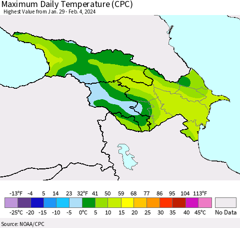 Azerbaijan, Armenia and Georgia Maximum Daily Temperature (CPC) Thematic Map For 1/29/2024 - 2/4/2024