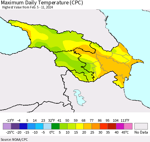 Azerbaijan, Armenia and Georgia Maximum Daily Temperature (CPC) Thematic Map For 2/5/2024 - 2/11/2024