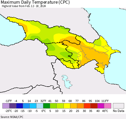 Azerbaijan, Armenia and Georgia Maximum Daily Temperature (CPC) Thematic Map For 2/12/2024 - 2/18/2024