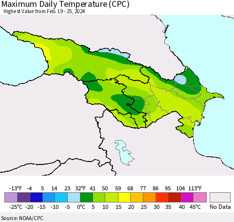 Azerbaijan, Armenia and Georgia Maximum Daily Temperature (CPC) Thematic Map For 2/19/2024 - 2/25/2024