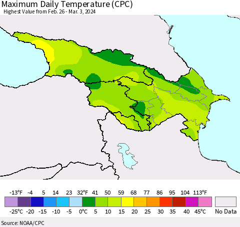 Azerbaijan, Armenia and Georgia Maximum Daily Temperature (CPC) Thematic Map For 2/26/2024 - 3/3/2024