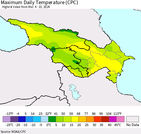 Azerbaijan, Armenia and Georgia Maximum Daily Temperature (CPC) Thematic Map For 3/4/2024 - 3/10/2024