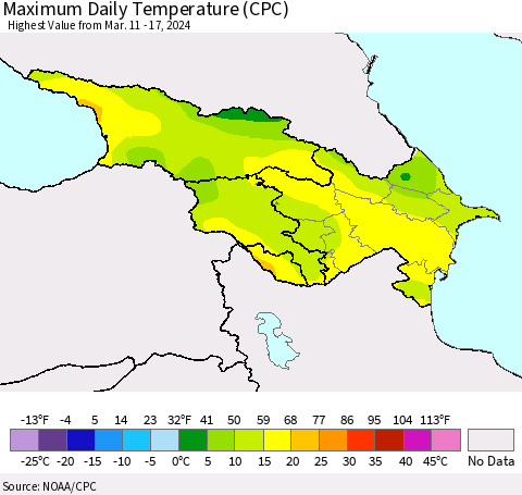 Azerbaijan, Armenia and Georgia Maximum Daily Temperature (CPC) Thematic Map For 3/11/2024 - 3/17/2024