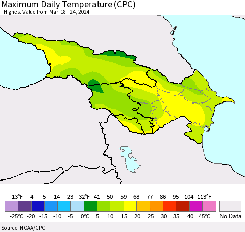 Azerbaijan, Armenia and Georgia Maximum Daily Temperature (CPC) Thematic Map For 3/18/2024 - 3/24/2024