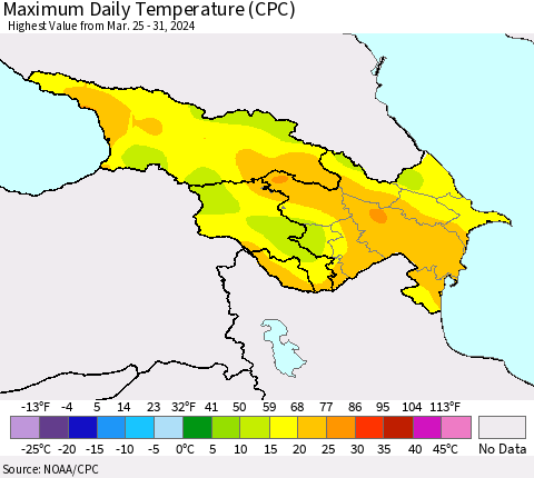 Azerbaijan, Armenia and Georgia Maximum Daily Temperature (CPC) Thematic Map For 3/25/2024 - 3/31/2024