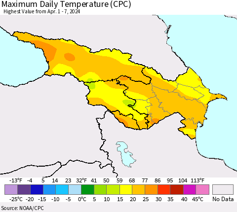 Azerbaijan, Armenia and Georgia Maximum Daily Temperature (CPC) Thematic Map For 4/1/2024 - 4/7/2024