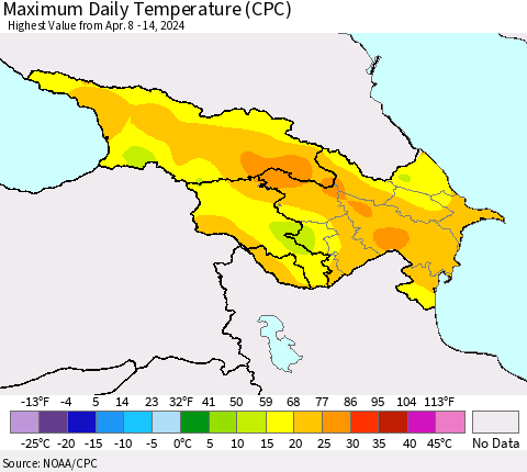 Azerbaijan, Armenia and Georgia Maximum Daily Temperature (CPC) Thematic Map For 4/8/2024 - 4/14/2024