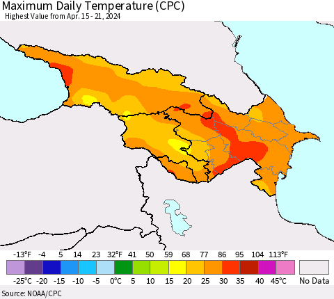 Azerbaijan, Armenia and Georgia Maximum Daily Temperature (CPC) Thematic Map For 4/15/2024 - 4/21/2024