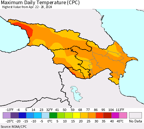 Azerbaijan, Armenia and Georgia Maximum Daily Temperature (CPC) Thematic Map For 4/22/2024 - 4/28/2024