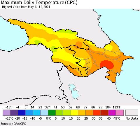 Azerbaijan, Armenia and Georgia Maximum Daily Temperature (CPC) Thematic Map For 5/6/2024 - 5/12/2024