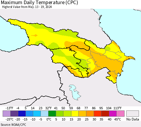 Azerbaijan, Armenia and Georgia Maximum Daily Temperature (CPC) Thematic Map For 5/13/2024 - 5/19/2024
