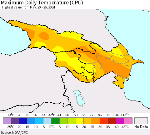 Azerbaijan, Armenia and Georgia Maximum Daily Temperature (CPC) Thematic Map For 5/20/2024 - 5/26/2024