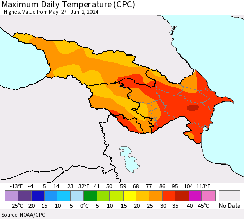 Azerbaijan, Armenia and Georgia Maximum Daily Temperature (CPC) Thematic Map For 5/27/2024 - 6/2/2024