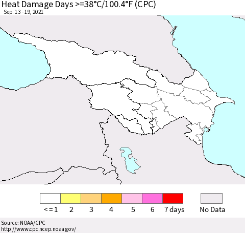 Azerbaijan, Armenia and Georgia Heat Damage Days >=38°C/100°F (CPC) Thematic Map For 9/13/2021 - 9/19/2021