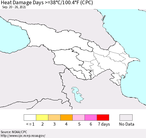 Azerbaijan, Armenia and Georgia Heat Damage Days >=38°C/100°F (CPC) Thematic Map For 9/20/2021 - 9/26/2021