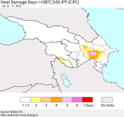 Azerbaijan, Armenia and Georgia Heat Damage Days >=38°C/100°F (CPC) Thematic Map For 7/11/2022 - 7/17/2022