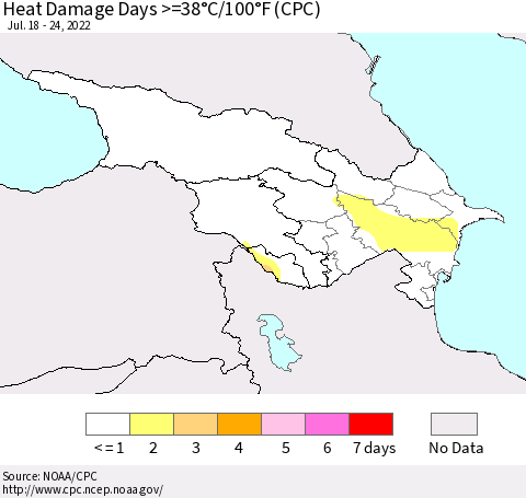 Azerbaijan, Armenia and Georgia Heat Damage Days >=38°C/100°F (CPC) Thematic Map For 7/18/2022 - 7/24/2022
