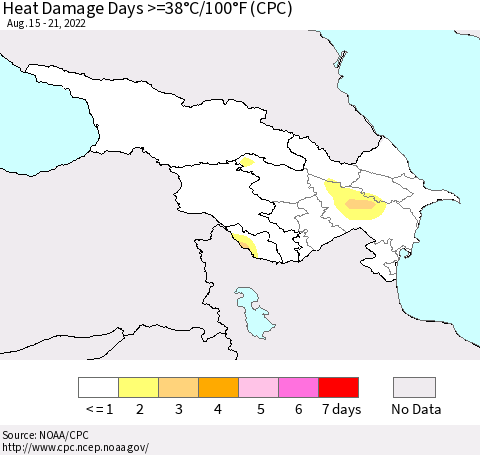 Azerbaijan, Armenia and Georgia Heat Damage Days >=38°C/100°F (CPC) Thematic Map For 8/15/2022 - 8/21/2022