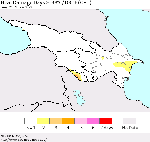 Azerbaijan, Armenia and Georgia Heat Damage Days >=38°C/100°F (CPC) Thematic Map For 8/29/2022 - 9/4/2022
