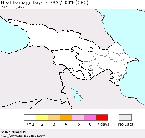 Azerbaijan, Armenia and Georgia Heat Damage Days >=38°C/100°F (CPC) Thematic Map For 9/5/2022 - 9/11/2022