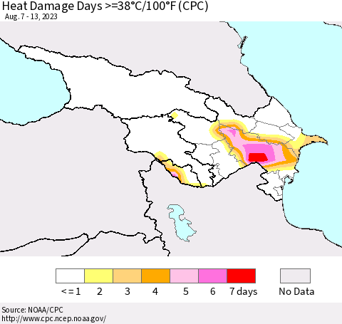 Azerbaijan, Armenia and Georgia Heat Damage Days >=38°C/100°F (CPC) Thematic Map For 8/7/2023 - 8/13/2023