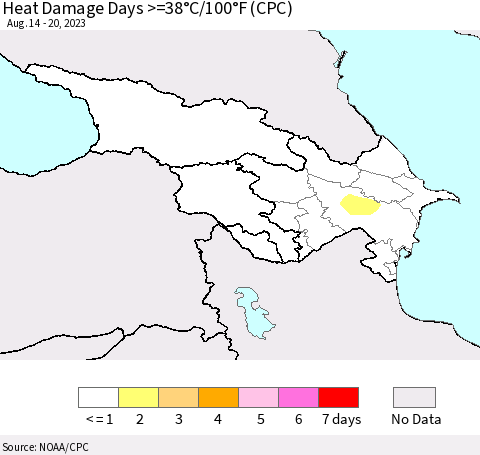 Azerbaijan, Armenia and Georgia Heat Damage Days >=38°C/100°F (CPC) Thematic Map For 8/14/2023 - 8/20/2023