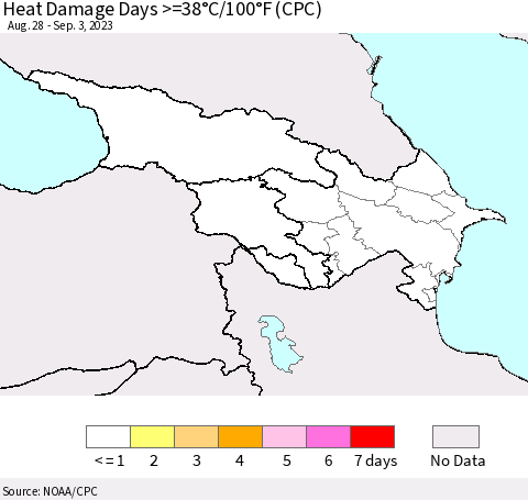 Azerbaijan, Armenia and Georgia Heat Damage Days >=38°C/100°F (CPC) Thematic Map For 8/28/2023 - 9/3/2023