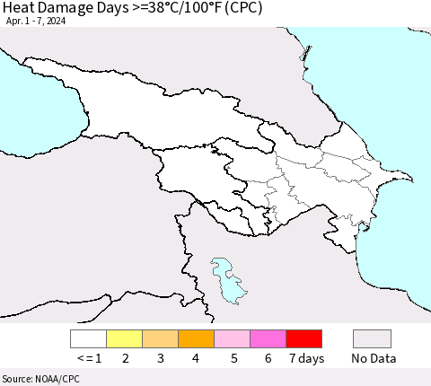 Azerbaijan, Armenia and Georgia Heat Damage Days >=38°C/100°F (CPC) Thematic Map For 4/1/2024 - 4/7/2024