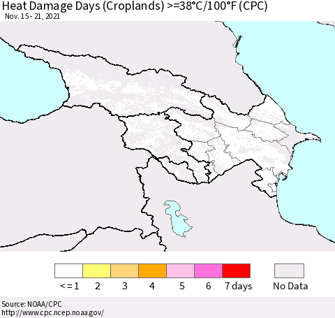 Azerbaijan, Armenia and Georgia Heat Damage Days (Croplands) >=38°C/100°F (CPC) Thematic Map For 11/15/2021 - 11/21/2021