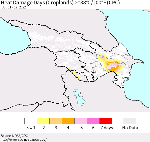 Azerbaijan, Armenia and Georgia Heat Damage Days (Croplands) >=38°C/100°F (CPC) Thematic Map For 7/11/2022 - 7/17/2022
