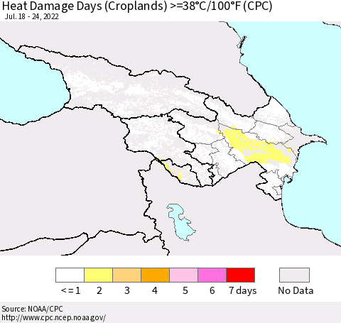 Azerbaijan, Armenia and Georgia Heat Damage Days (Croplands) >=38°C/100°F (CPC) Thematic Map For 7/18/2022 - 7/24/2022