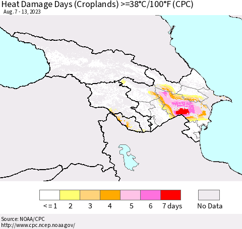 Azerbaijan, Armenia and Georgia Heat Damage Days (Croplands) >=38°C/100°F (CPC) Thematic Map For 8/7/2023 - 8/13/2023