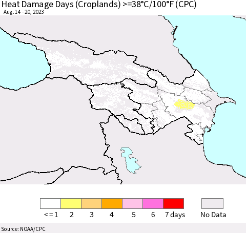 Azerbaijan, Armenia and Georgia Heat Damage Days (Croplands) >=38°C/100°F (CPC) Thematic Map For 8/14/2023 - 8/20/2023