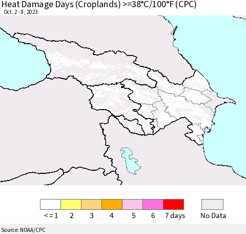 Azerbaijan, Armenia and Georgia Heat Damage Days (Croplands) >=38°C/100°F (CPC) Thematic Map For 10/2/2023 - 10/8/2023