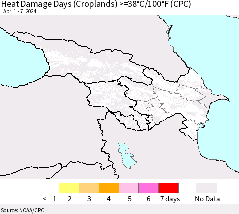 Azerbaijan, Armenia and Georgia Heat Damage Days (Croplands) >=38°C/100°F (CPC) Thematic Map For 4/1/2024 - 4/7/2024