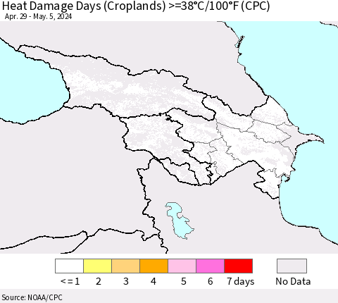Azerbaijan, Armenia and Georgia Heat Damage Days (Croplands) >=38°C/100°F (CPC) Thematic Map For 4/29/2024 - 5/5/2024