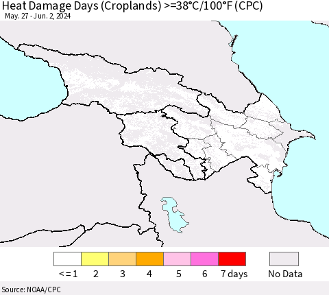 Azerbaijan, Armenia and Georgia Heat Damage Days (Croplands) >=38°C/100°F (CPC) Thematic Map For 5/27/2024 - 6/2/2024