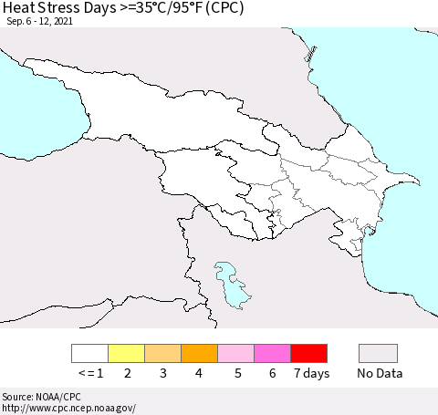 Azerbaijan, Armenia and Georgia Heat Stress Days >=35°C/95°F (CPC) Thematic Map For 9/6/2021 - 9/12/2021