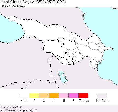Azerbaijan, Armenia and Georgia Heat Stress Days >=35°C/95°F (CPC) Thematic Map For 9/27/2021 - 10/3/2021