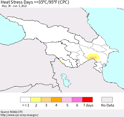 Azerbaijan, Armenia and Georgia Heat Stress Days >=35°C/95°F (CPC) Thematic Map For 5/30/2022 - 6/5/2022