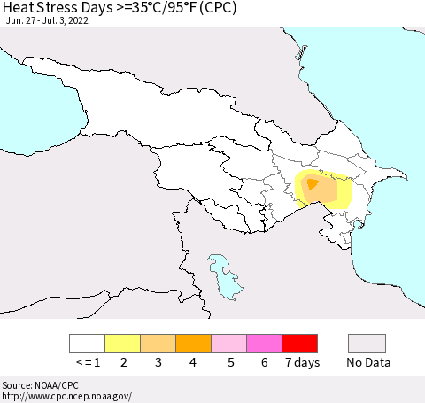 Azerbaijan, Armenia and Georgia Heat Stress Days >=35°C/95°F (CPC) Thematic Map For 6/27/2022 - 7/3/2022
