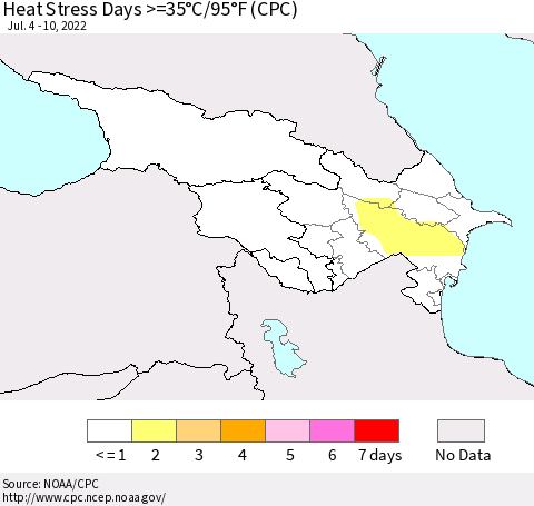Azerbaijan, Armenia and Georgia Heat Stress Days >=35°C/95°F (CPC) Thematic Map For 7/4/2022 - 7/10/2022